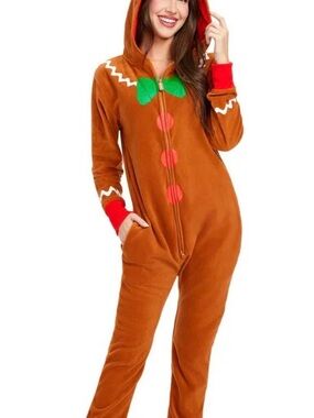Tipsy Elves Brown Gingerbread Onesie with Red and Green Accents